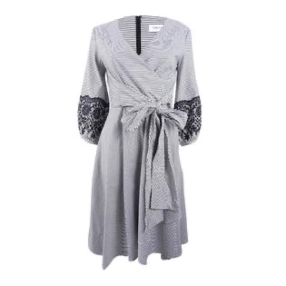 Calvin Klein striped midi wrap dress with eyelet embroidered sleeve size 10